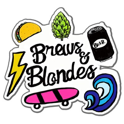 Brews & Blondes, beer sticker, beer can, holographic, streetwear, dive bar, men shirts, skater, surfer, malibu, vans, golden road, dodgers